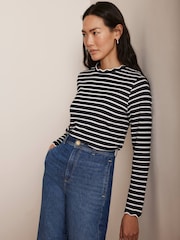 Mint Velvet Blue 100% Cotton Striped Ruffle Trim Top - Image 3 of 8