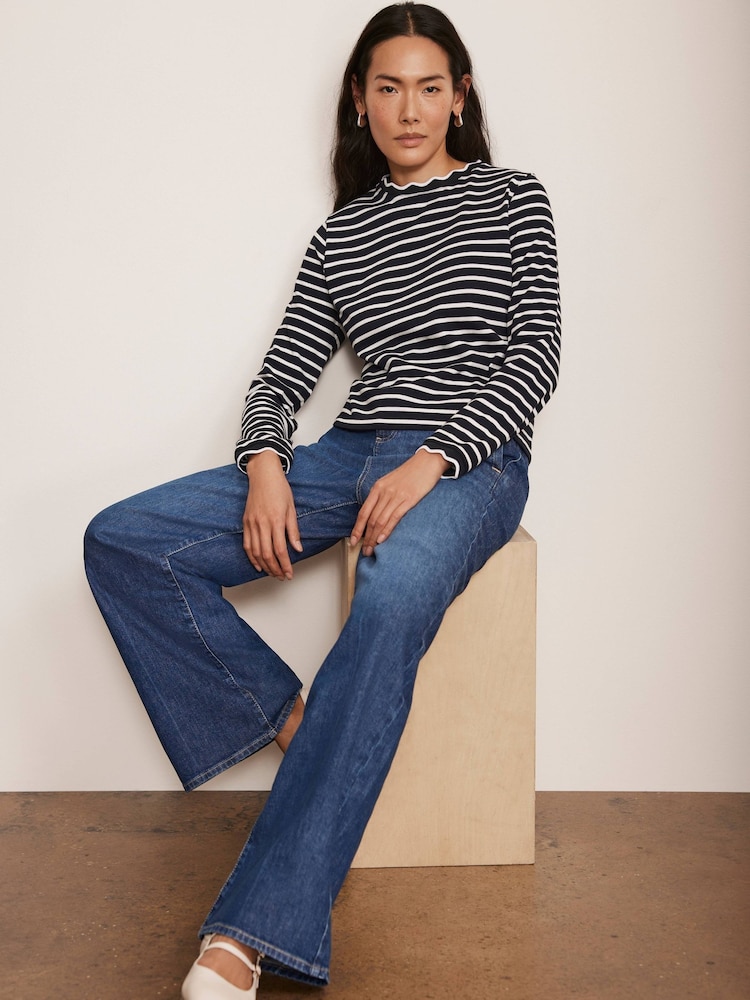 Mint Velvet Blue 100% Cotton Striped Ruffle Trim Top - Image 4 of 8
