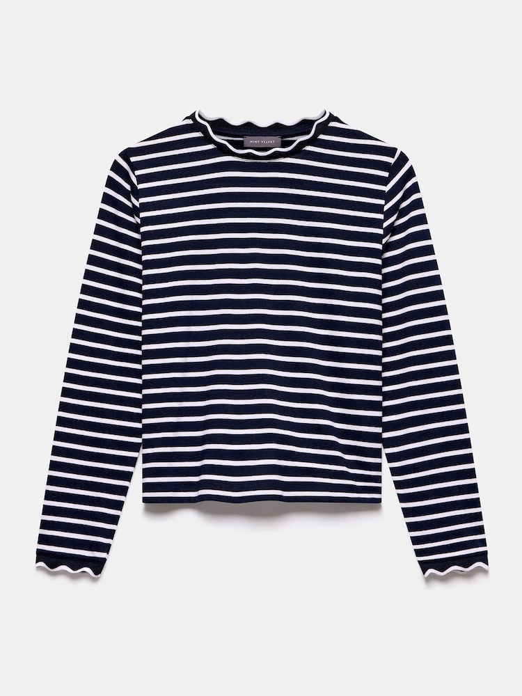 Mint Velvet Blue 100% Cotton Striped Ruffle Trim Top - Image 6 of 8