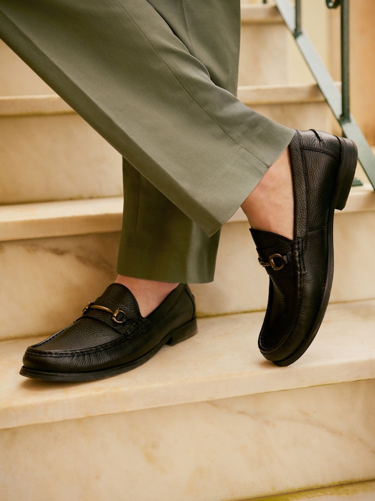 Black Tumbled Leather Snaffle Loafers - Image 1 of 7