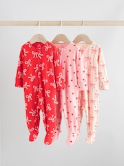 Red Bow Two Way Zip Baby Sleepsuits 3 Pack (0-2yrs) - Image 1 of 14