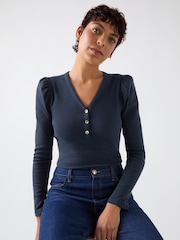 LK Bennett Blue Carla Spring Cotton Blend Rib Puff Sleeve Henley Long Sleeves Top - Image 1 of 4