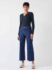 LK Bennett Blue Carla Spring Cotton Blend Rib Puff Sleeve Henley Long Sleeves Top - Image 2 of 4