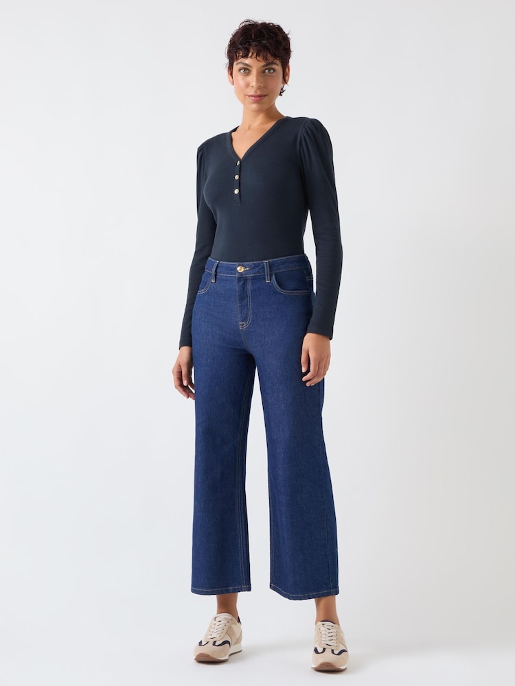 LK Bennett Blue Carla Spring Cotton Blend Rib Puff Sleeve Henley Long Sleeves Top - Image 2 of 4