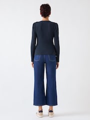 LK Bennett Blue Carla Spring Cotton Blend Rib Puff Sleeve Henley Long Sleeves Top - Image 3 of 4