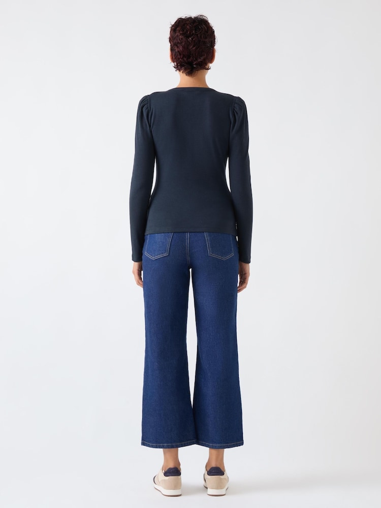LK Bennett Blue Carla Spring Cotton Blend Rib Puff Sleeve Henley Long Sleeves Top - Image 3 of 4