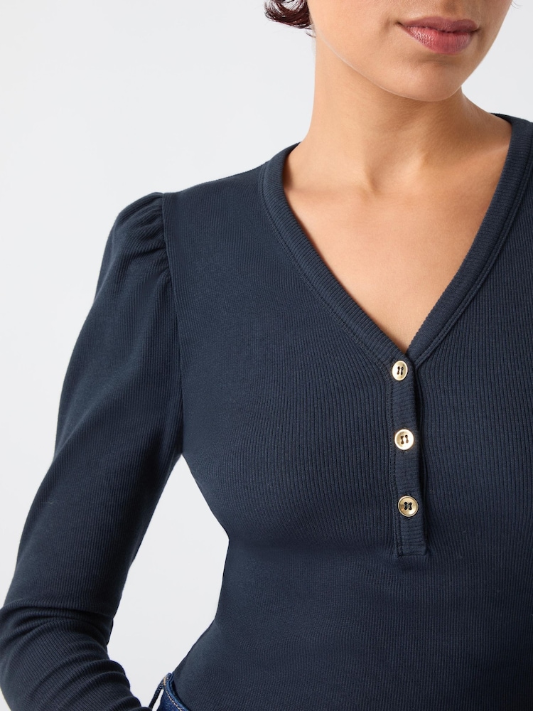 LK Bennett Blue Carla Spring Cotton Blend Rib Puff Sleeve Henley Long Sleeves Top - Image 4 of 4