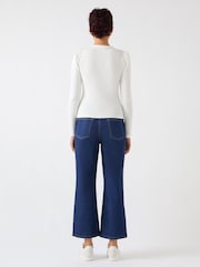 LK Bennett Cream Carla Cotton Blend Rib Puff Sleeve Henley Long Sleeve Top - Image 2 of 3