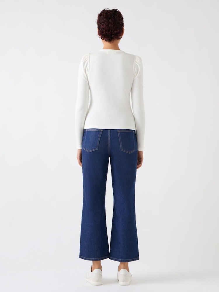 LK Bennett Cream Carla Cotton Blend Rib Puff Sleeve Henley Long Sleeve Top - Image 2 of 3