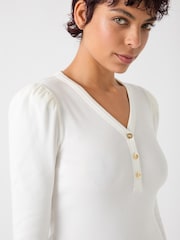 LK Bennett Cream Carla Cotton Blend Rib Puff Sleeve Henley Long Sleeve Top - Image 3 of 3