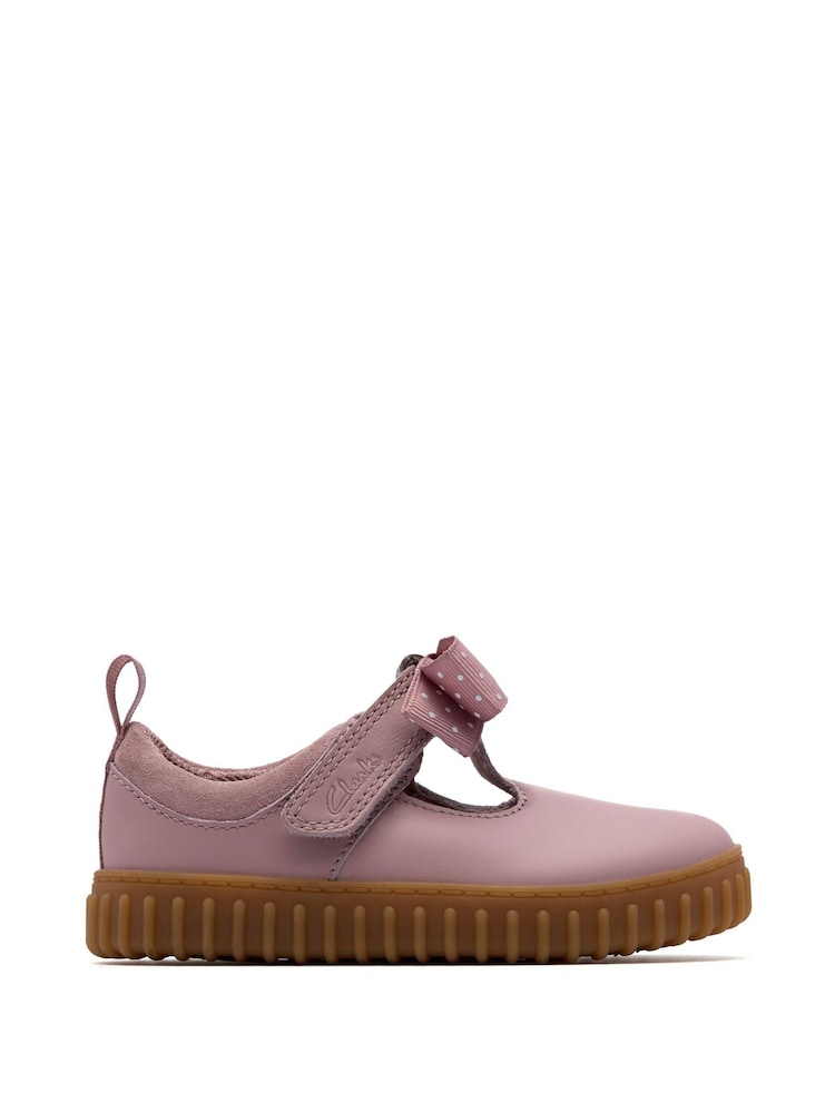 Clarks Pink Wide Fit (G) Younger Girls Cove Bow Mary Jane Shoes - Image 1 of 6 Clarks Pink Wide Fit (G) Younger Girls Cove Bow Mary Jane Shoes - Image 1 of 6