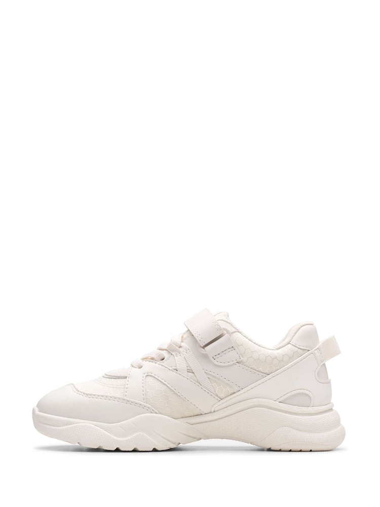 Clarks White Wide Fit (G) Older Kids Feather Pace Trainers - Image 2 of 6 Clarks White Wide Fit (G) Older Kids Feather Pace Trainers - Image 2 of 6