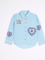 River Island Blue Girls Stripe Embellished 100% Cotton Shirt - Image 1 of 3