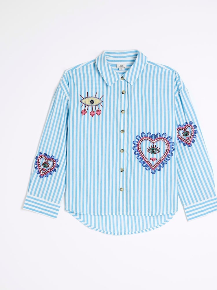 River Island Blue Girls Stripe Embellished 100% Cotton Shirt - Image 1 of 3