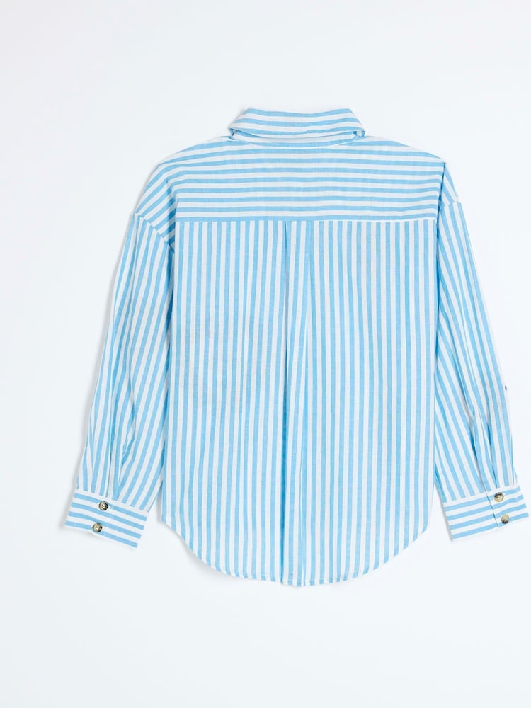 River Island Blue Girls Stripe Embellished 100% Cotton Shirt - Image 2 of 3