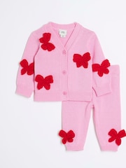 River Island Pink Baby Girls Pink Crochet Bow 100% Cotton Cardigan Set - Image 1 of 5