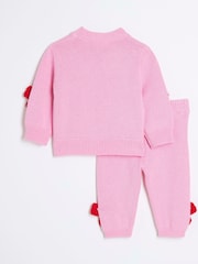 River Island Pink Baby Girls Pink Crochet Bow 100% Cotton Cardigan Set - Image 2 of 5