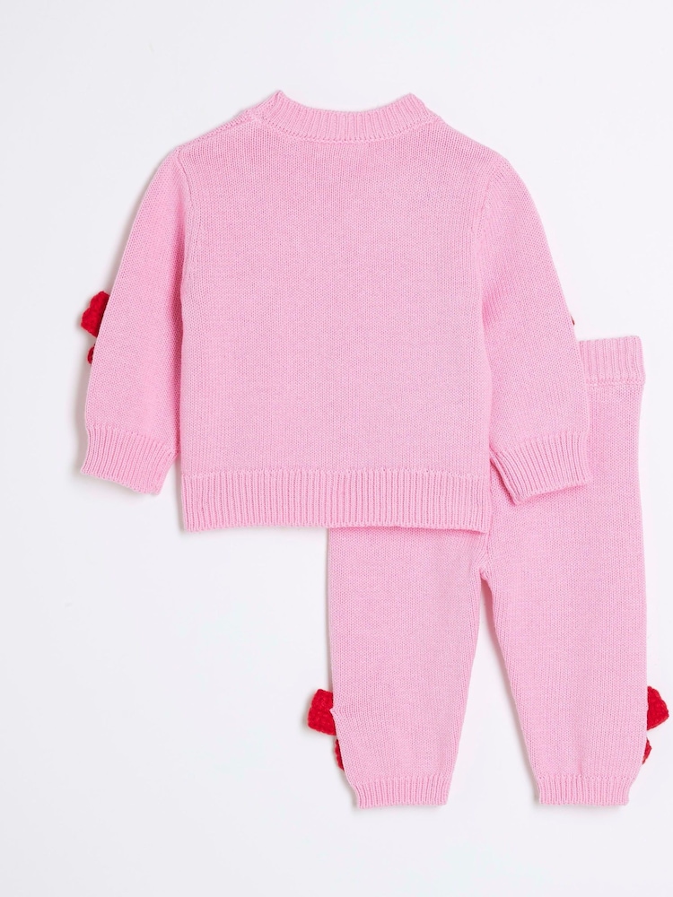 River Island Pink Baby Girls Pink Crochet Bow 100% Cotton Cardigan Set - Image 2 of 5