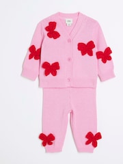River Island Pink Baby Girls Pink Crochet Bow 100% Cotton Cardigan Set - Image 3 of 5
