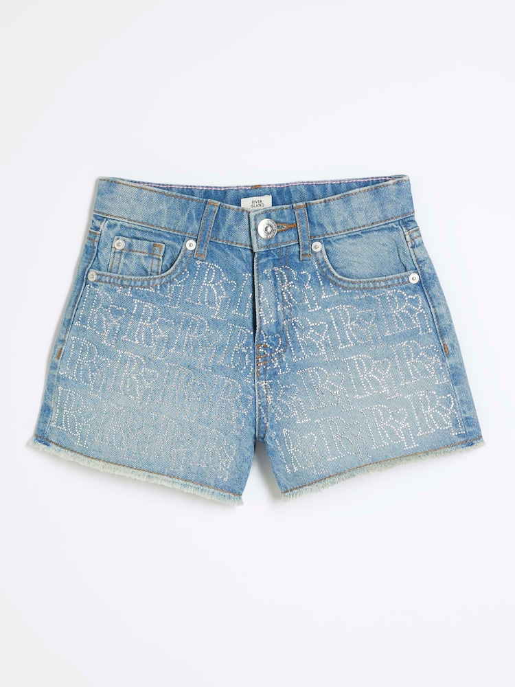 Pantalones cortos tipo mom de algodón 100 % con diseño de strass para niñas de River Island - Imagen 1 de 4