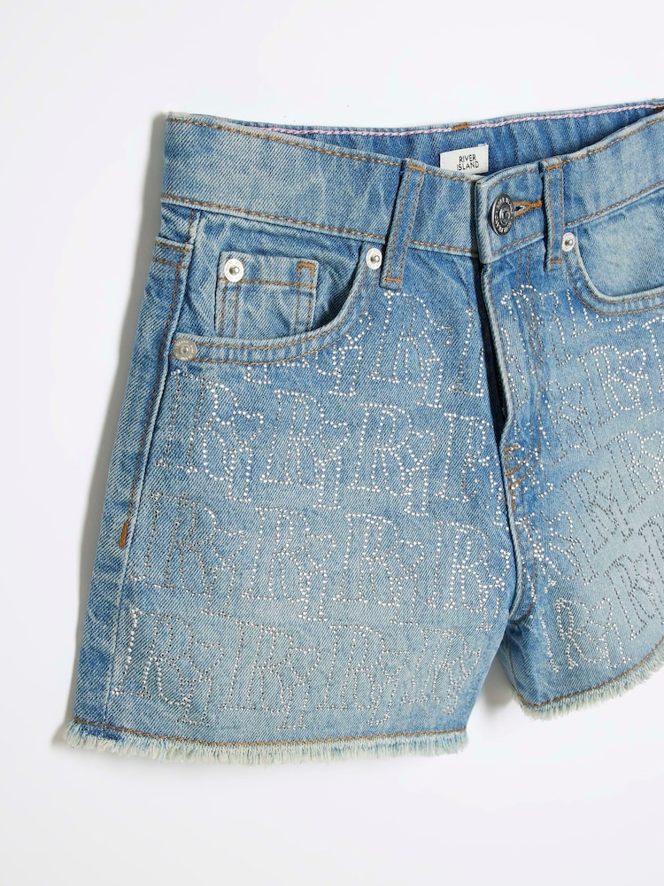 River Island Blue Diamonte Mom 100% Cotton Shorts - Image 3 of 4