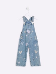 Джинсовый комбинезон для девочек с сердечками из 100% River Island - Изображение 1 из 4