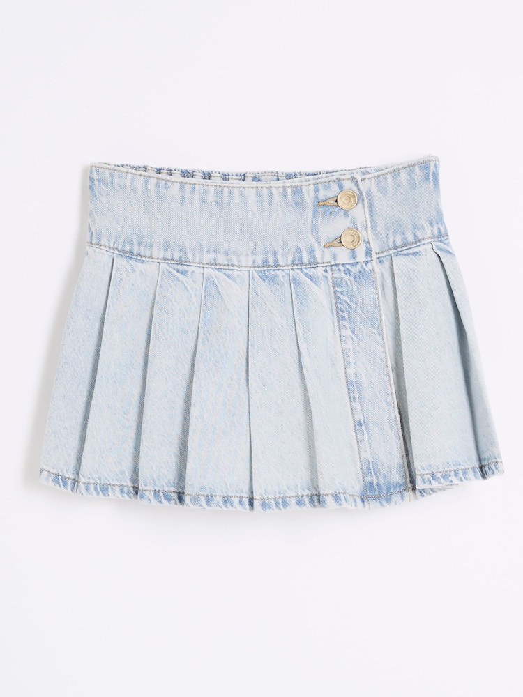 River Island Blue Girls Denim Pleated 100% Cotton Shorts - Image 1 of 4