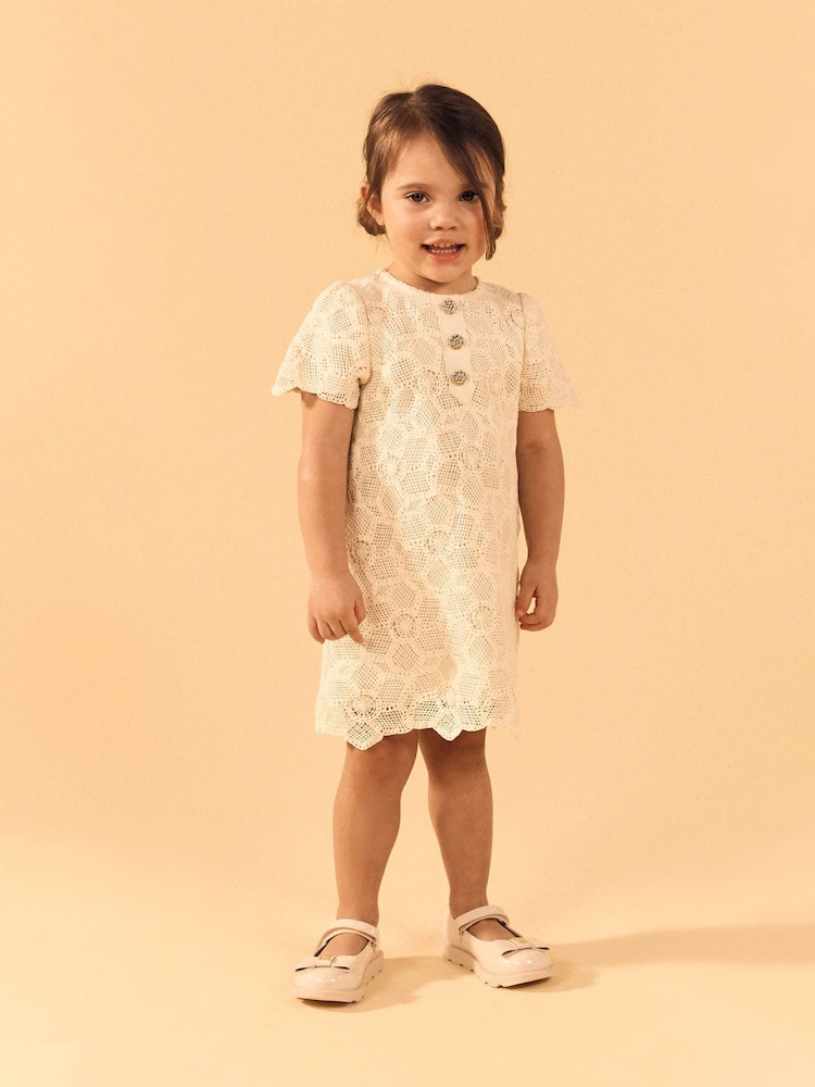 River Island Cream Girls Lace Button Dress - Image 1 of 5