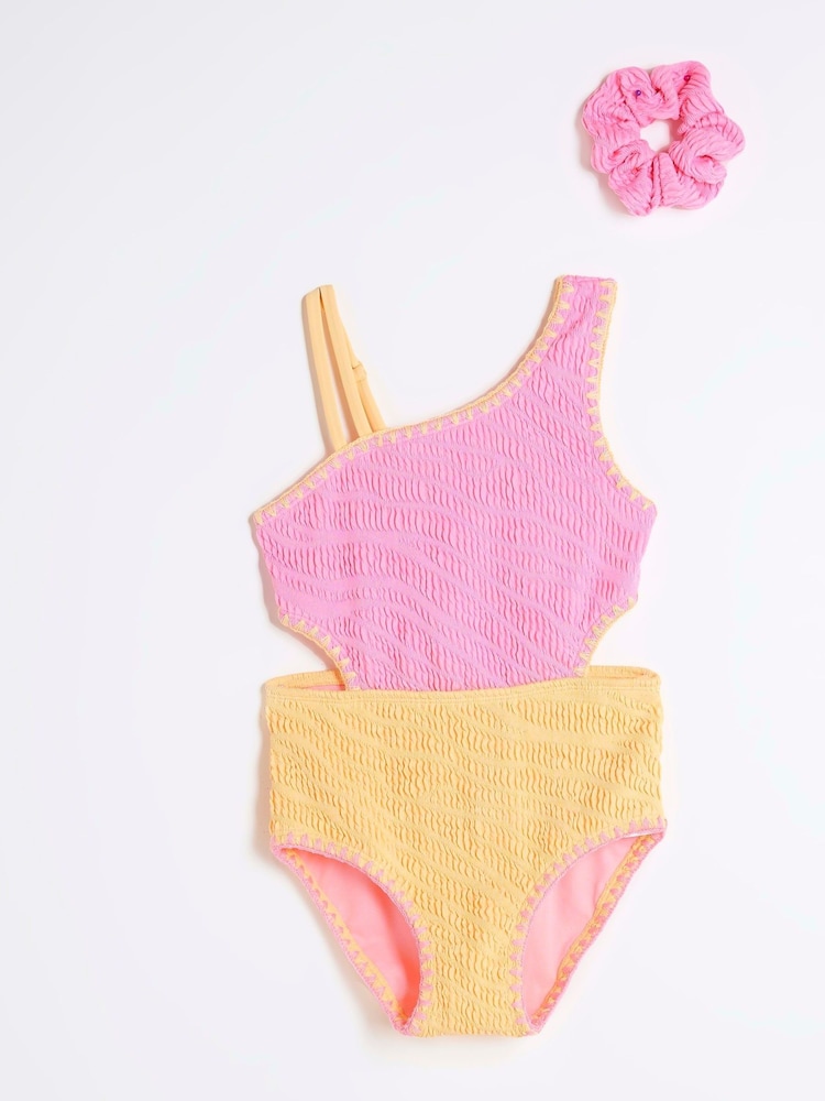 River Island Pink Girls Blocked Textured Swimsuit - Image 1 of 4
