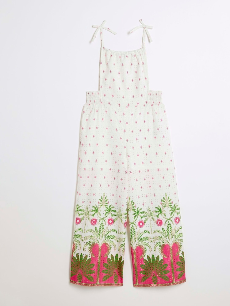 River Island Cream Girls Tropical Palm Jumpsuit - Image 2 of 5