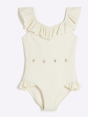 River Island Cream Girls Frilled Charm Belt Swimsuit - Image 1 of 4