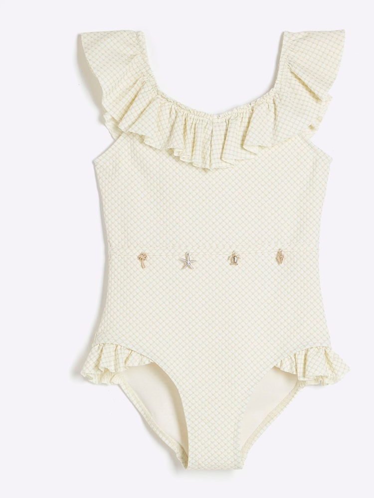 River Island Cream Girls Frilled Charm Belt Swimsuit - Image 1 of 4
