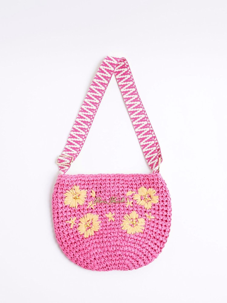 River Island Pink Girls Floral Raffia Cross-Body Bag - Image 1 of 5