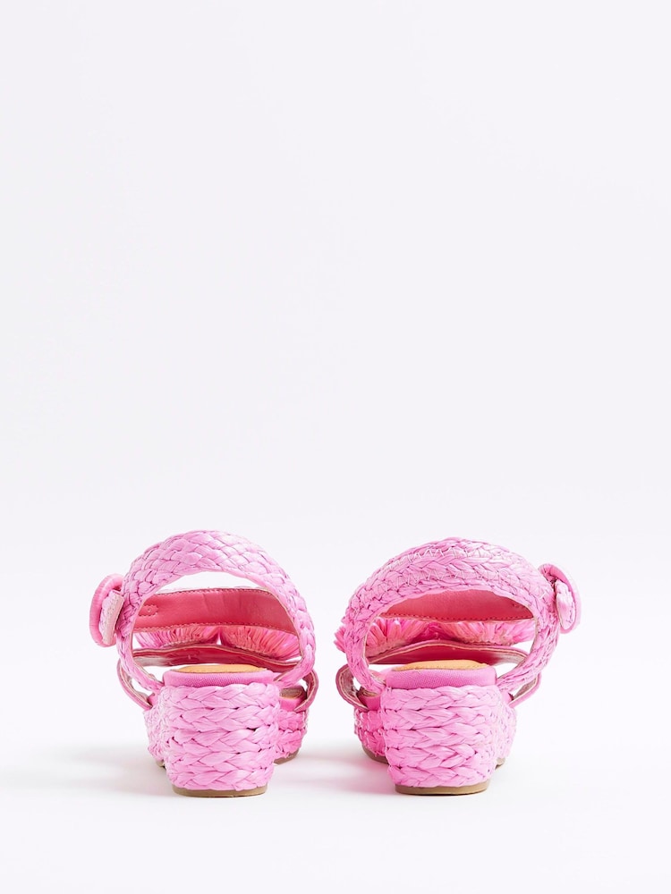 River Island Pink Girls Raffia Pom Wedges - Image 2 of 4