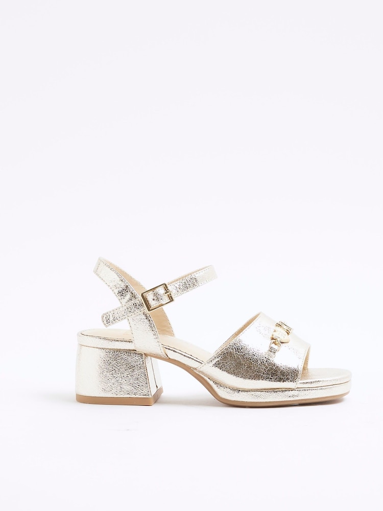 River Island Gold Girls Heart Trim Heeled Sandals - Image 1 of 5