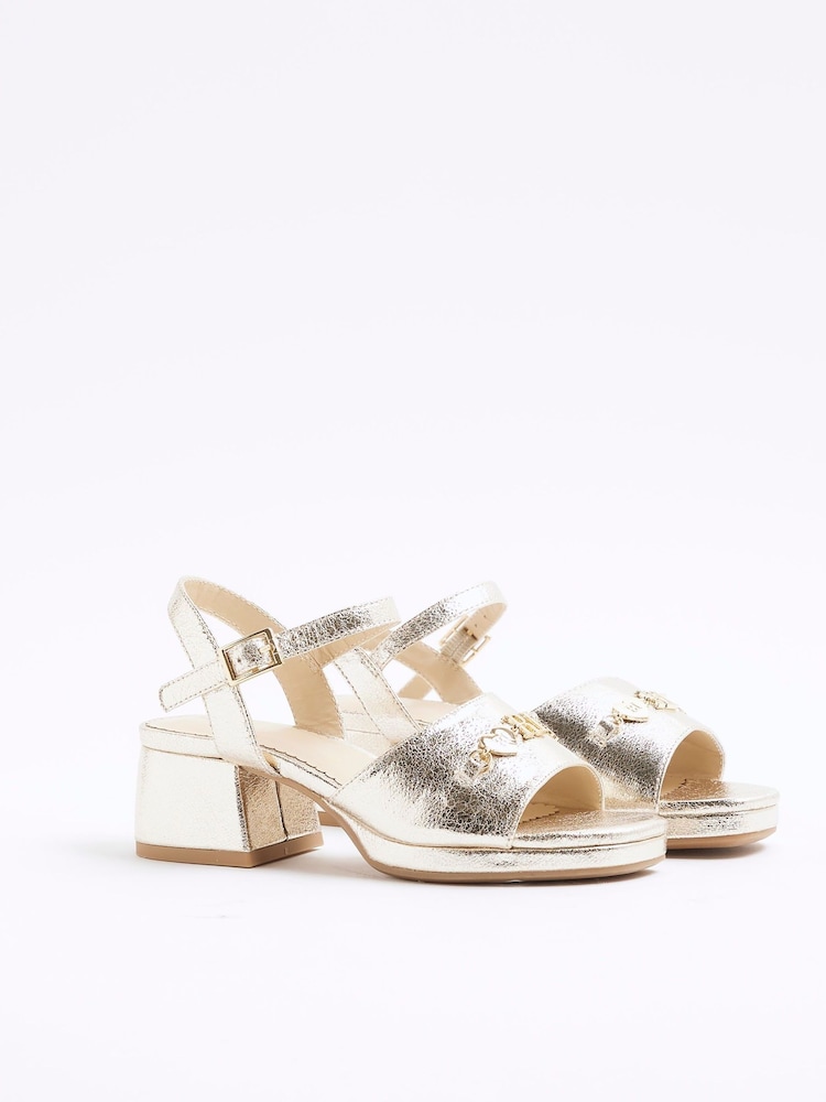 River Island Gold Girls Heart Trim Heeled Sandals - Image 2 of 5