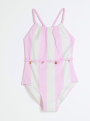 River Island Pink Girls Stripe Charm Belt Swimsuit - Image 1 of 4