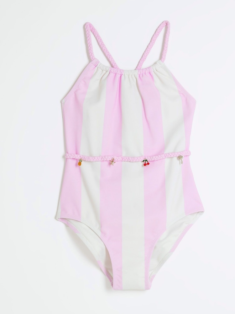 River Island Pink Girls Stripe Charm Belt Swimsuit - Image 1 of 4