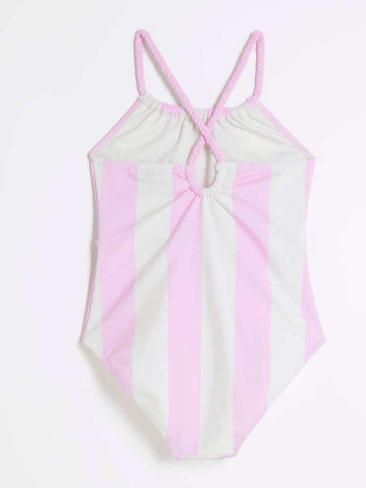 River Island Pink Girls Stripe Charm Belt Swimsuit - Image 2 of 4