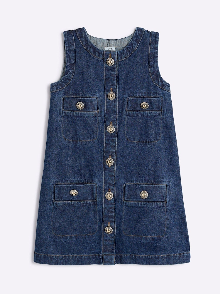 River Island Blue Girls Button Denim Shift 100% Cotton Dress - Image 1 of 3
