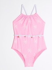 River Island Pink Light Girls Stripe Charm Belt Swimsuit - Image 1 of 4