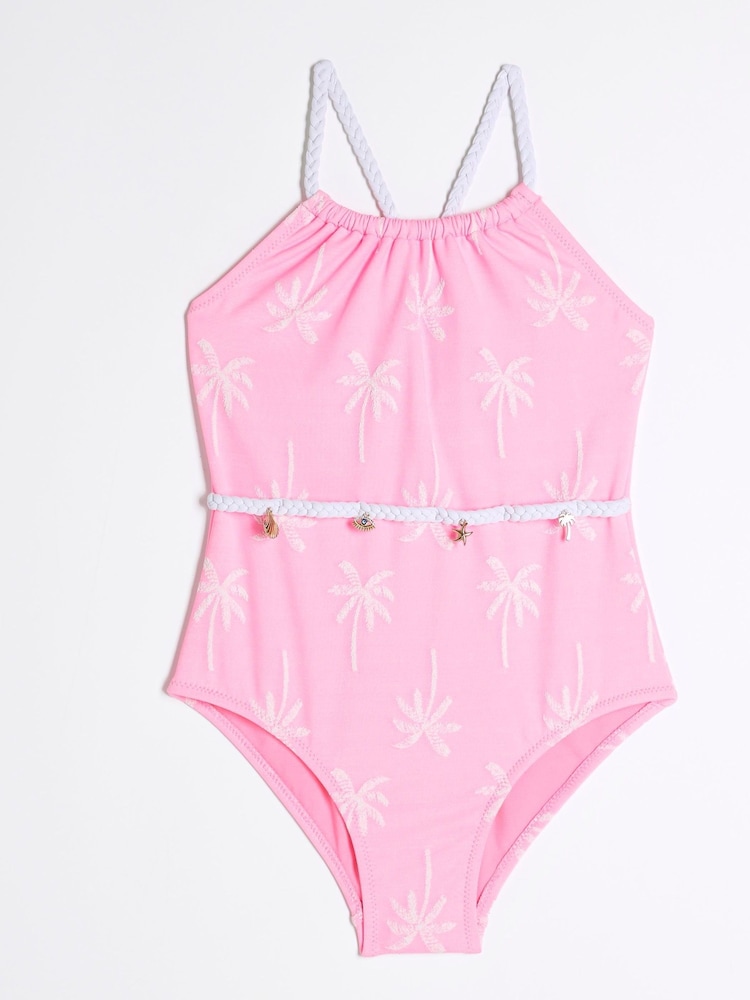 River Island Pink Light Girls Stripe Charm Belt Swimsuit - Image 1 of 4