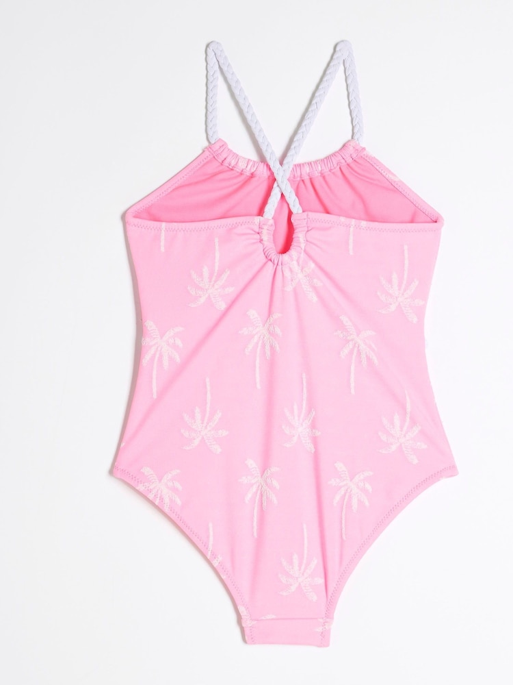 River Island Pink Light Girls Stripe Charm Belt Swimsuit - Image 2 of 4