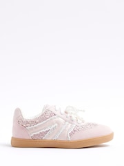 River Island Pink Girls Raffia Pearl Trainers - Image 1 of 5