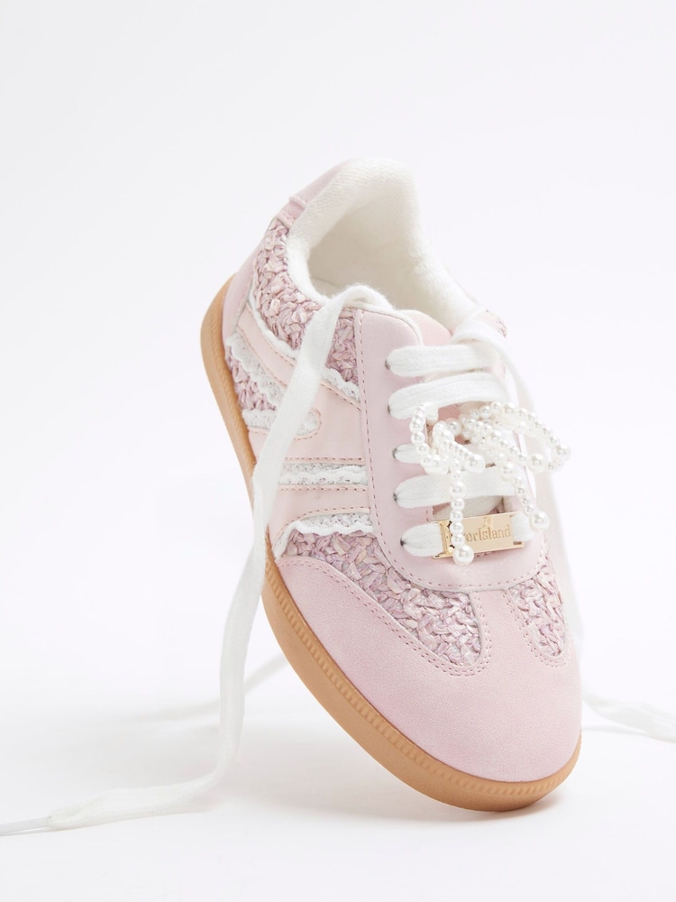 River Island Pink Girls Raffia Pearl Trainers - Image 5 of 5