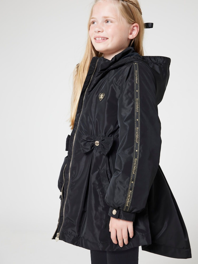 River Island Black Girls Clinched Frill Raincoat - Image 1 of 5 River Island Black Girls Clinched Frill Raincoat - Image 1 of 5