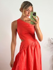 Style Cheat Coral Pink White Polka Dot Jasmine One Shoulder Printed Midi Dress - Image 1 of 4