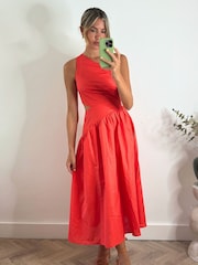 Style Cheat Coral Pink White Polka Dot Jasmine One Shoulder Printed Midi Dress - Image 2 of 4
