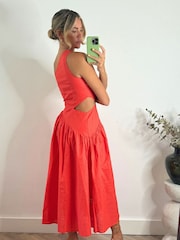 Style Cheat Coral Pink White Polka Dot Jasmine One Shoulder Printed Midi Dress - Image 3 of 4