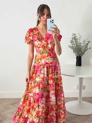 Style Cheat Red Tiered Floral Maxi Zoe Puff Sleeve Dress - Image 1 of 5